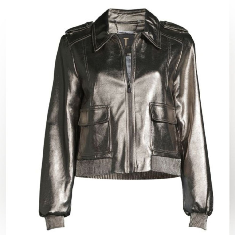Ted Baker London Silver Metallic Faux Leather Bomber Jacket Womens Size 0